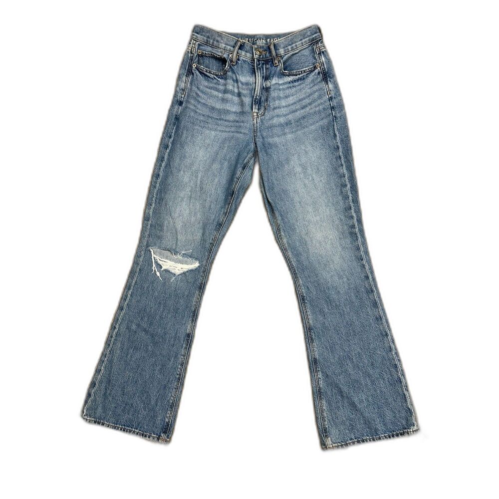 American Eagle 4 Long High Rise 90's Flare Classic Light Wash Ripped Denim